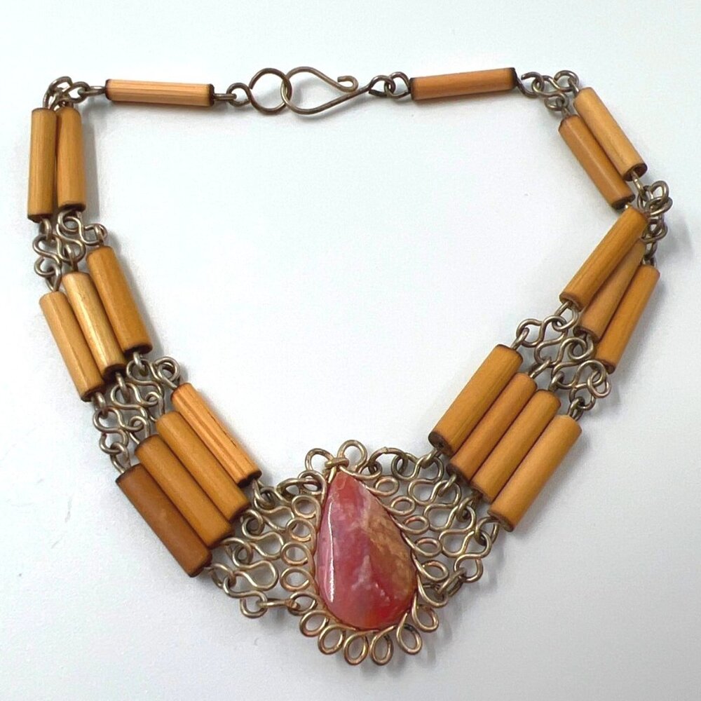 Vintage Wooden & Pink Stone Beaded Bracelet